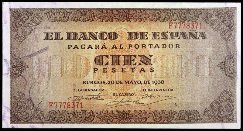 1938. Burgos. 100 pesetas. (Ed. D33a) (Ed. 432a). 20 de mayo. Serie F. Esquinas ...