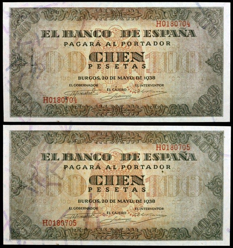 1938. Burgos. 100 pesetas. (Ed. D33a) (Ed. 432a). 20 de mayo. Pareja correlativa...