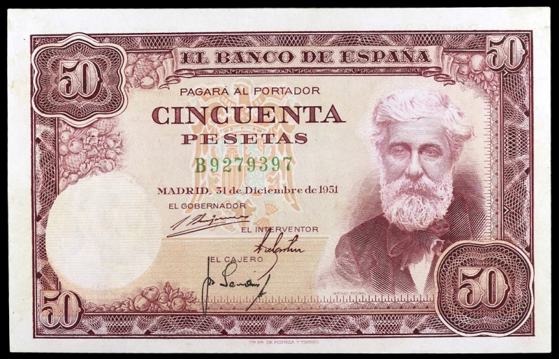 1951. 50 pesetas. (Ed. D63a) (Ed. 462a). 31 de diciembre, Rusiñol. Serie B. Leve...