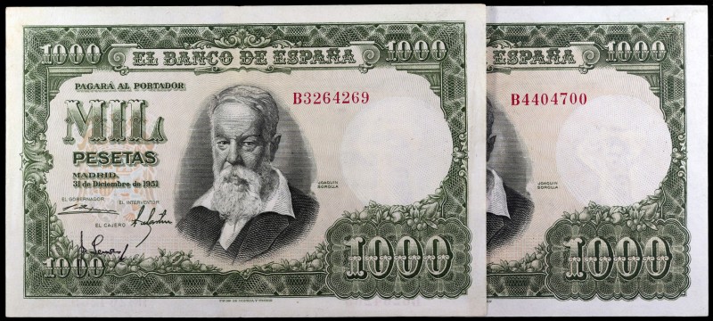 1951. 1000 pesetas. (Ed. D64a) (Ed. 463a). 31 de diciembre, Sorolla. 2 billetes....