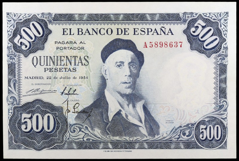 1954. 500 pesetas. (Ed. D69a) (Ed. 468a). 22 de julio, Zuloaga. Serie A. S/C.