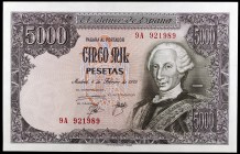 1976. 5000 pesetas. (Ed. E1b) (Ed. 475b). 6 de febrero, Carlos III. Serie 9A, de reposición. Una esquina algo rozada. Escaso. S/C-.