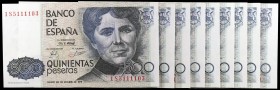 1979. 500 pesetas. (Ed. E2 y E2a) (Ed. 476 y 476a). 23 de octubre, Rosalía de Castro. 9 billetes. Sin serie (dos), series A (pareja correlativa), C y ...