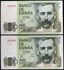 1979. 1000 pesetas. (Ed. E3) (Ed. 477). 23 de octubre, Pérez Galdós. Pareja correlativa. Sin serie. Numeraciones muy bajas, 002405/6. S/C.