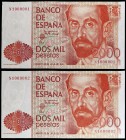 1980. 2000 pesetas. (Ed. E5a) (Ed. 479a). 22 de julio, Juan Ramón Jiménez. Pareja correlativa. Serie N, uno con ligero defecto de papel en borde. Nume...