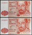 1980. 2000 pesetas. (Ed. E5a) (Ed. 479a). 22 de julio, Juan Ramón Jiménez. Pareja correlativa. Serie 1L, uno con una esquina rozada. S/C.