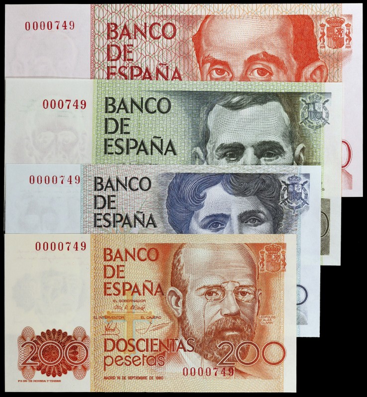 1979 y 1980. 200, 500, 1000 y 2000 pesetas. 4 billetes. Sin serie y todos con la...