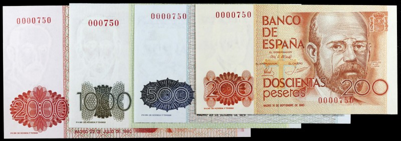 1979 y 1980. 200, 500, 1000 y 2000 pesetas. 4 billetes. Sin serie y todos con la...