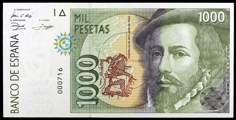 1992. 1000 pesetas. (Ed. E9) (Ed. 483). 12 de octubre, Hernán Cortés/Pizarro. Si...