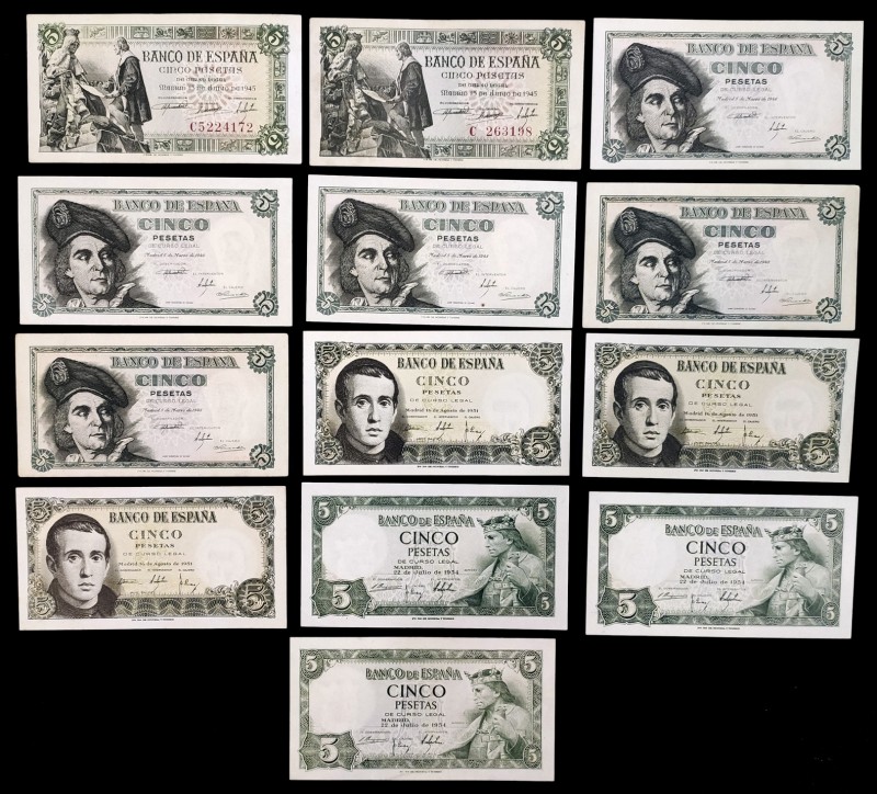 Lote de 13 billetes de 5 pesetas de 1945 (dos), 1948 (cinco), 1951 (tres) y 1954...