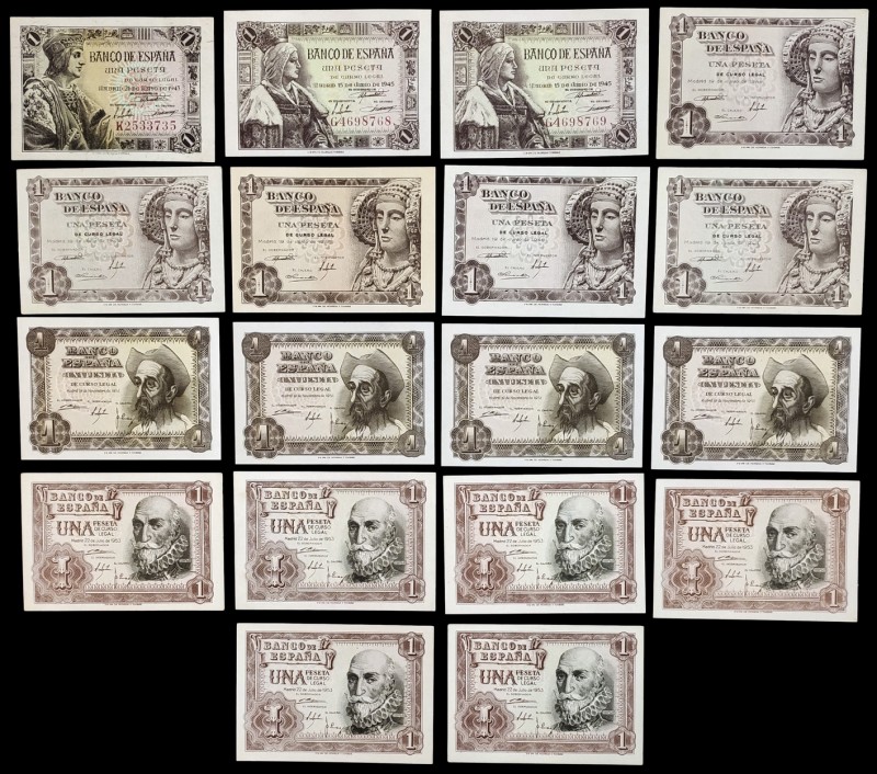 1 peseta. Lote de 18 billetes de 1 peseta de 1943 (dos), 1945, 1948 (cinco), 195...