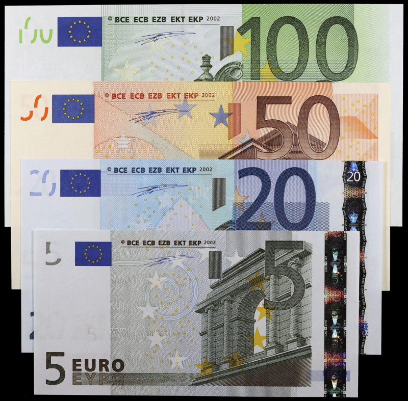 2002. 5, 20, 50 y 100 euros. (Ed. EU1 y EU3 a EU5) (Ed. 486 y 488 a 490). Firma ...