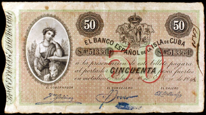 1896. El Banco Español de la Isla de Cuba. 50 pesos. (Ed. CU71). 15 de mayo. Esc...