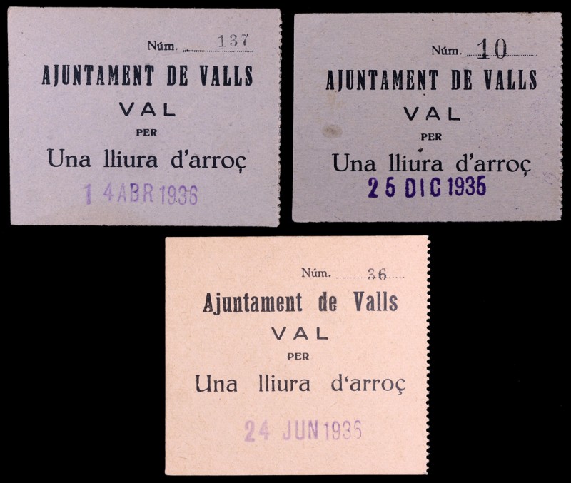 Valls. Ajuntament. Lote de 3 vales por "una lliura d'arroç" fechados entre el 25...