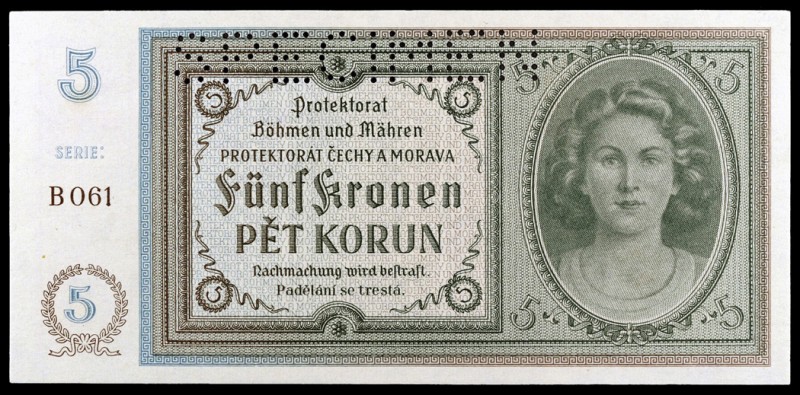 s/d (1940). Bohemia & Moravia. Protectorado. 5 coronas. (Pick 4s). SPECIMEN en t...