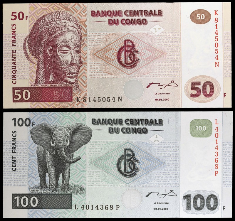 2000. Congo. Banco Central. 50 y 100 francos. (Pick 91a y 92a). 4 de enero. 2 bi...