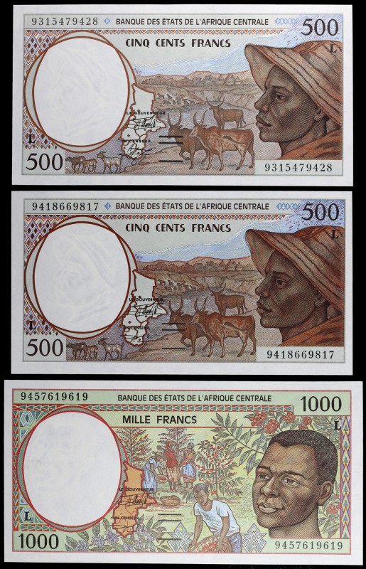 1993 y 1994. Gabón. Banco de los Estados Africanos Centrales. 500 (dos) y 1000 f...