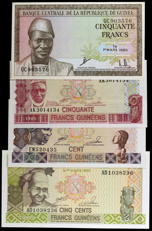 1960 a 1998. Guinea. Banco Central. 50 (dos), 100 y 500 francos. (Pick 12a, 29a,...