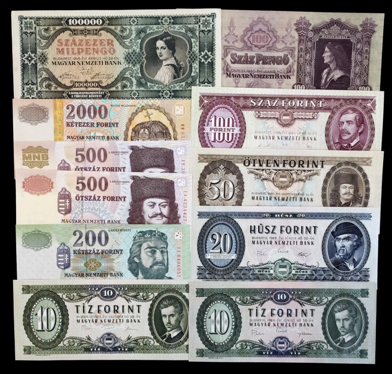 1930 a 2001. Hungría. 100 y 100000 pengo, 10 (dos), 20, 50, 100, 200, 500 (dos) ...