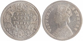Silver Two Annas Coin of Victoria Empress of Calcutta Mint of 1892.