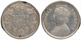 Silver Quarter Rupee Coin of Victoria Empress of Bombay Mint of 1877.