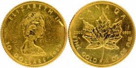 Gold Ten Dollars Coin of Elizabeth II of Canada of 1985.