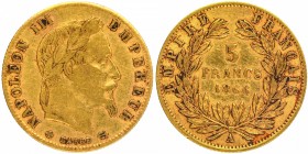 Gold Five Francs Coin of Nepoleon III of France of 1866.