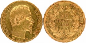 Gold Twenty Francs Coin of Nepoleon III of France of 1856.