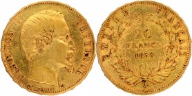 Gold Twenty Francs Coin of Napoleon III of France of 1858.
