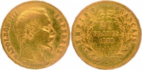 Gold Twenty Francs Coin of Napoleon III of France of 1859.