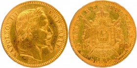 Gold Twenty Francs Coin of Napoleon III of France of 1864.