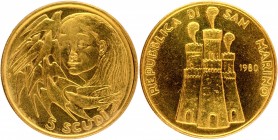 Gold Five Scudi Coin of Sanmarino of 1980.