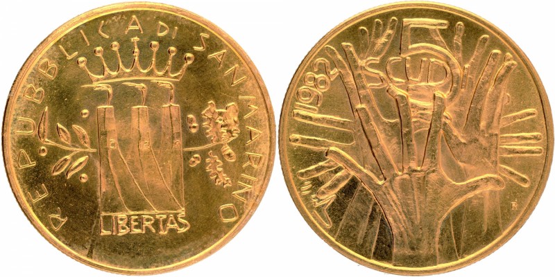 San Marino
San Marino, Gold 5 Scudi, 1982 R, Commemorative Issue, Obv: crown ab...