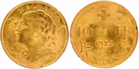 Gold Ten Francs Coin of Bern Mint of Switzerland of 1922.