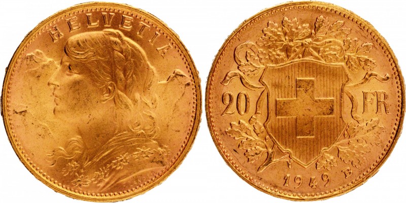 Switzerland
Francs 20
Switzerland, Gold 20 Francs, 1949 B, Bern Mint, Obv: por...