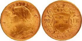 Gold Twenty Francs Coin of Switzerland of 1949.