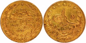 Gold Hundred Kurush Coin of Abdul Hamid II of Qustantiniyah Mint of Turkey.