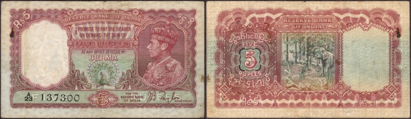 Burma
British India, 1938, King George VI, 5 Rupees, Signed by J B Taylor, Burm...