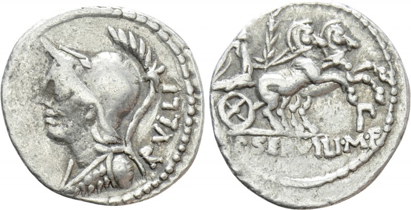 P. SERVILIUS M. F. RULLUS. Denarius (100 BC). Rome. 

Obv: RVLLI. 
Helmeted b...