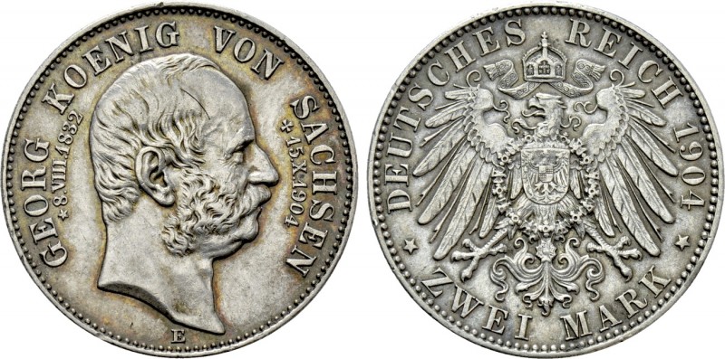 GERMANY. Saxony. Georg (1902-1904). Due to his death. 2 Mark (1904 E). Muldenhüt...