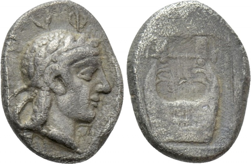 IONIA. Kolophon. 1/4 Drachm (Circa 450-410 BC). 

Obv: KOΛOΦΩNIΩN. 
Laureate ...