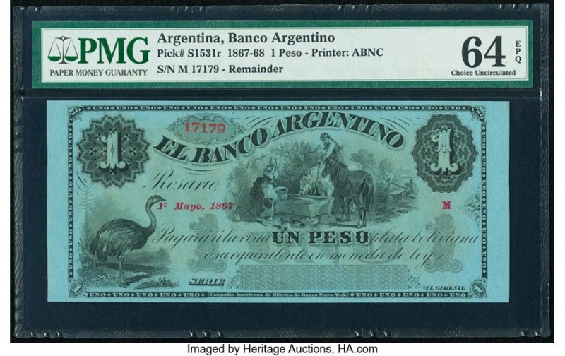 Argentina Banco Argentino 1 Peso 1.5.1867 Pick S1531r Remainder PMG Choice Uncir...