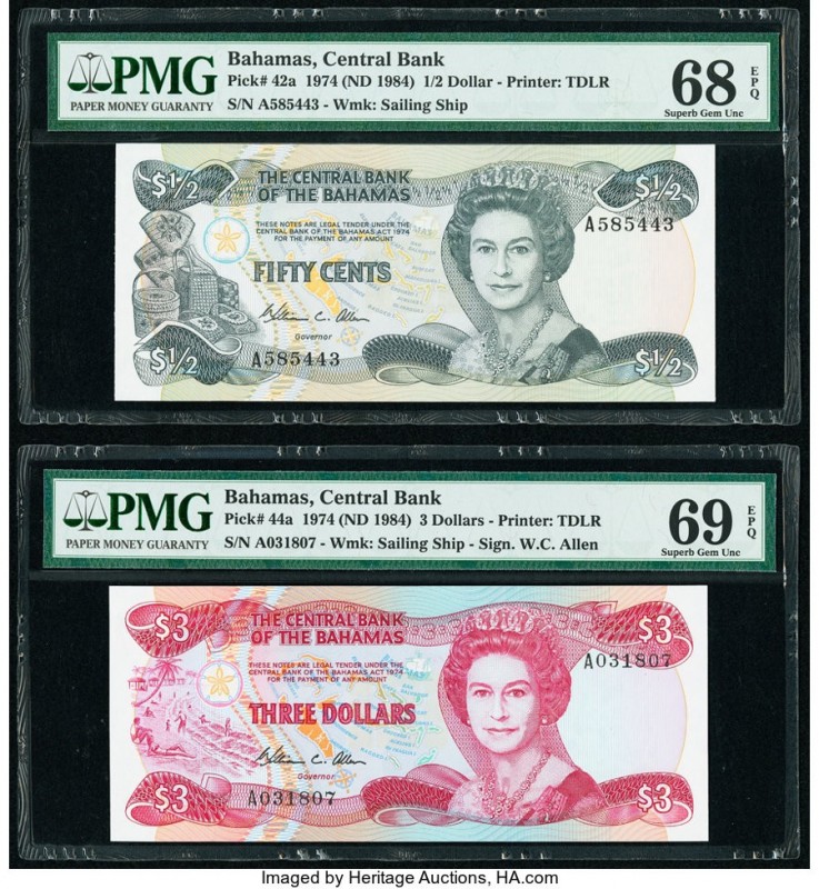 Bahamas Central Bank 1/2; 3 Dollars 1974 (ND 1984) Pick 42a; 44a Two Examples PM...