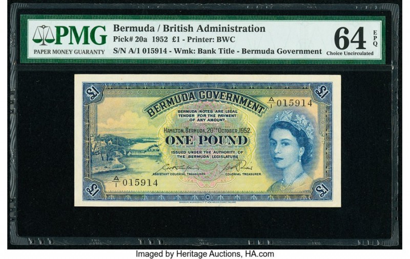 Bermuda Bermuda Government 1 Pound 20.10.1952 Pick 20a PMG Choice Uncirculated 6...