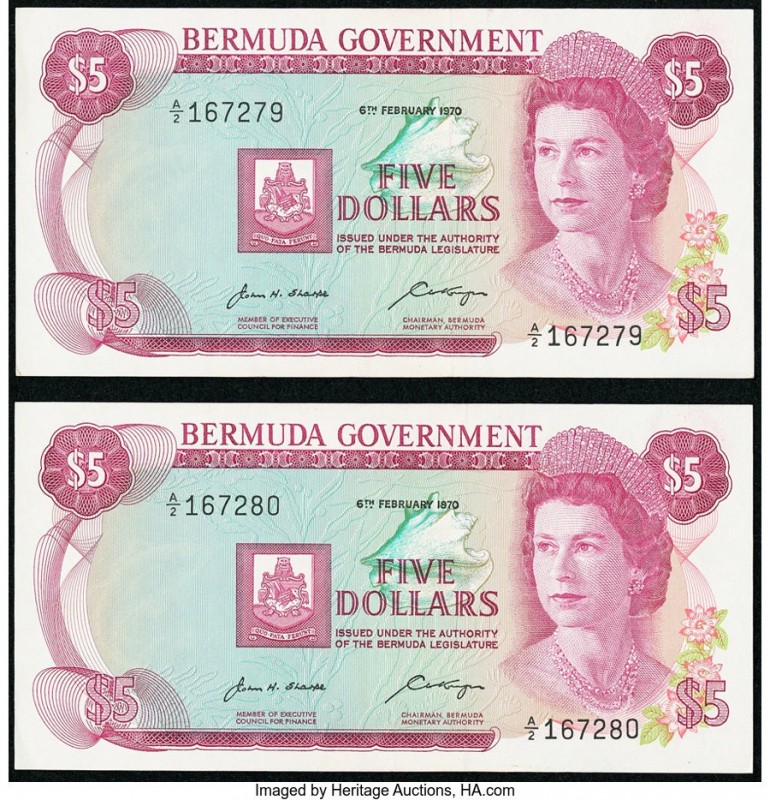Bermuda Bermuda Government 5 Dollars 6.2.1970 Pick 24a Two Consecutive Examples ...