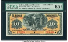 Bolivia Banco Mercantil 10 Bolivianos 1.7.1906 Pick S174s Specimen PMG Gem Uncirculated 65 EPQ. Red Specimen overprints; three POCs.

HID09801242017

...