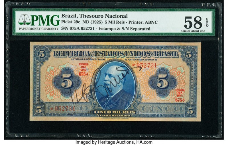 Brazil Thesouro Nacional 5 Mil Reis ND (1925) Pick 29c PMG Choice About Unc 58 E...
