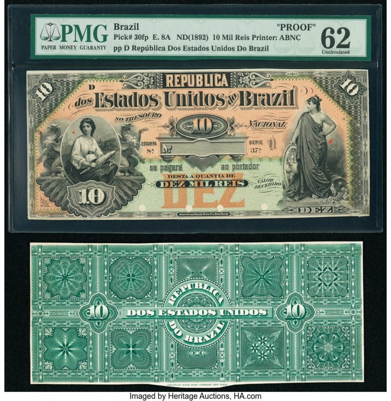 Brazil Republica dos Estados Unidos 10 Mil Reis ND(1892) Pick 30p and Back Proof...