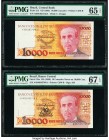 Brazil Banco Central Do Brasil 10,000 Cruzados; 10 Cruzados Novos on 10,000 Cruz. ND (1987); ND (1989) Pick 215; 218a Two Examples PMG Gem Uncirculate...