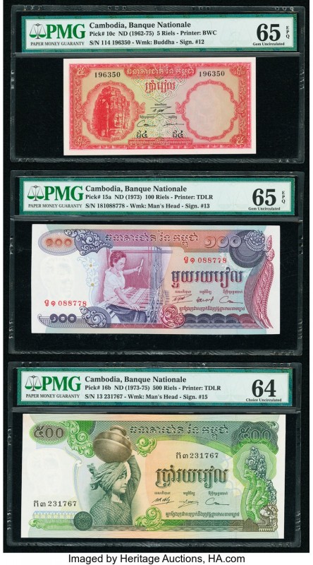 Cambodia Banque Nationale du Cambodge 5; 100; 500 Riels ND (1962-75); ND (1973);...